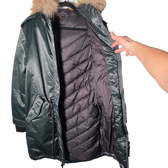 Mackage Small Down Parka Real Fur Trim Hood Long Puffer Coat Dark Green Womens S - Picture 6 of 16